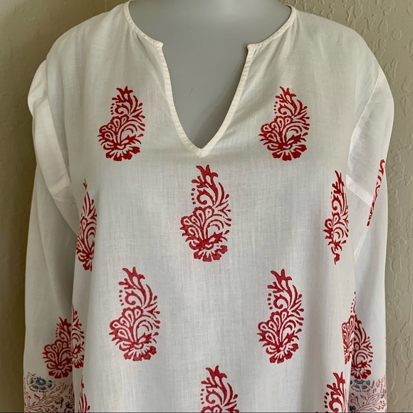 VELVET By Graham & Spencer Block Print Paisley Tunic Blouse 100% Cotton V-Neck - Picture 6 of 15